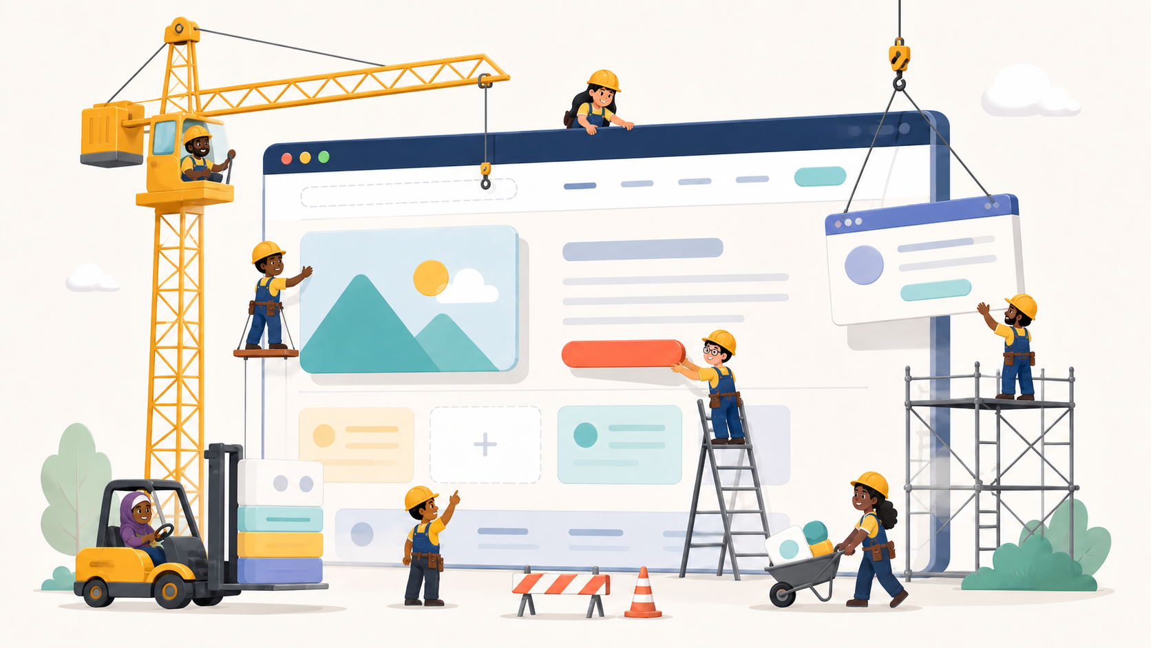 Illustration of construction workers building a website